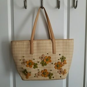 Cole Haan straw and leather large shoulder purse